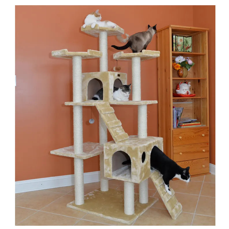 Real Wood 74" Multi-Level Cat Tree Large Cat Play Furniture